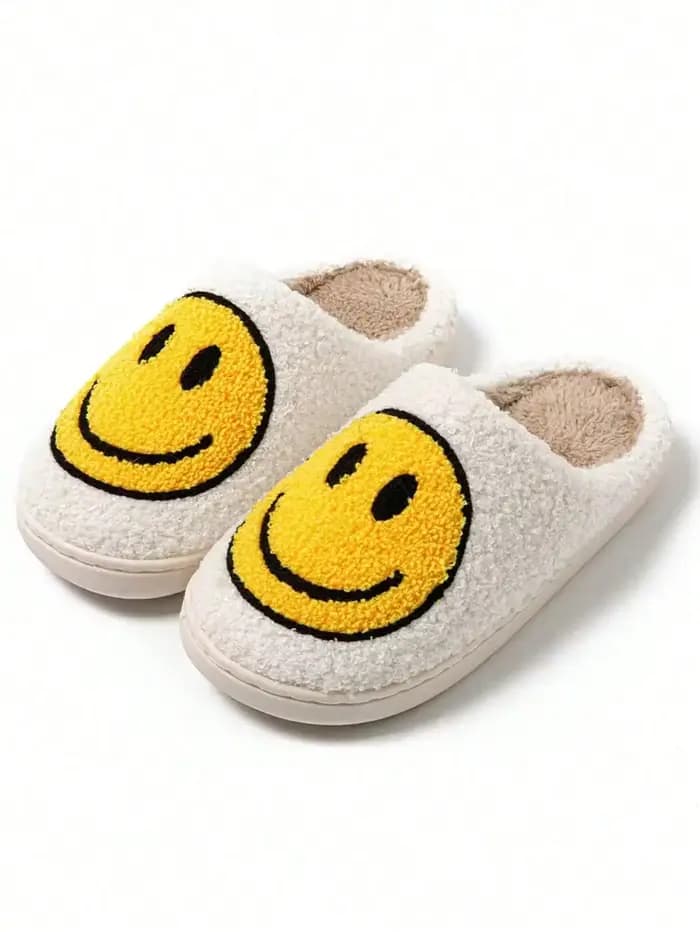 Chaussons d'intérieur en polaire pour femmes avec motif visage souriant, confortables, épaissis, cha