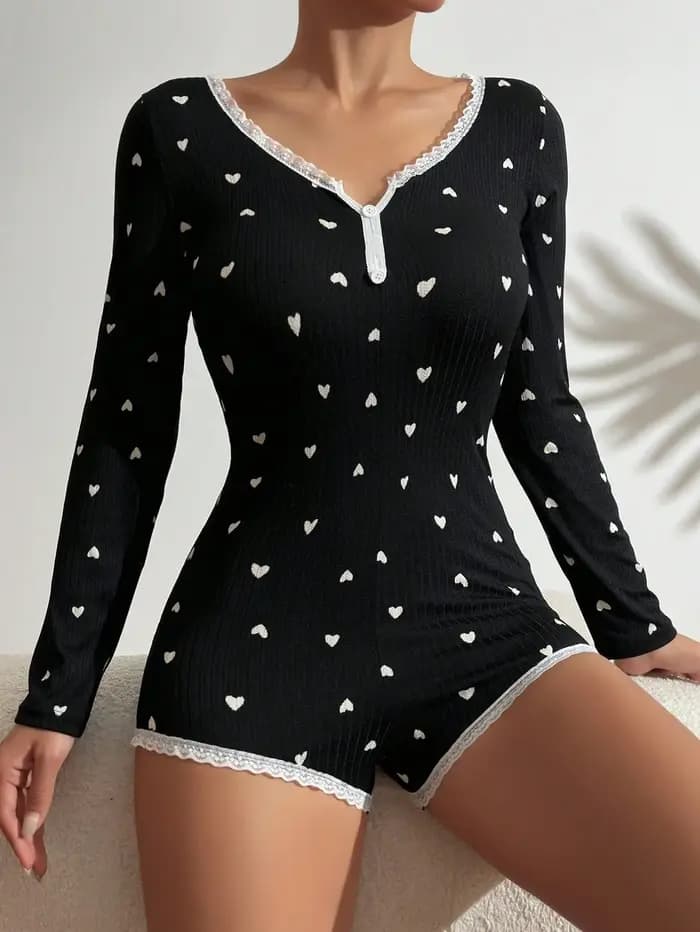 Nouvelle combinaison de pyjama une pièce pour femme de style américain avec imprimé cœur à manches l