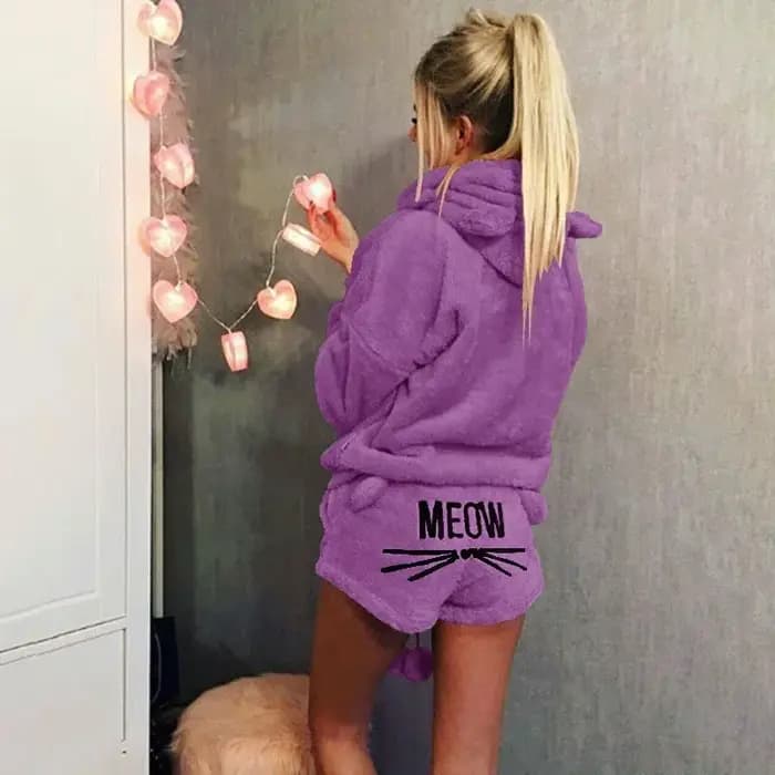 Ensemble de pyjama en velours chaud pour femmes, sweats à capuche et shorts, vêtements de nuit mignons, motif chat miaou, lieux, automne, hiver, 2 pièces pyjama pour femme ensembles pyjama vetements f