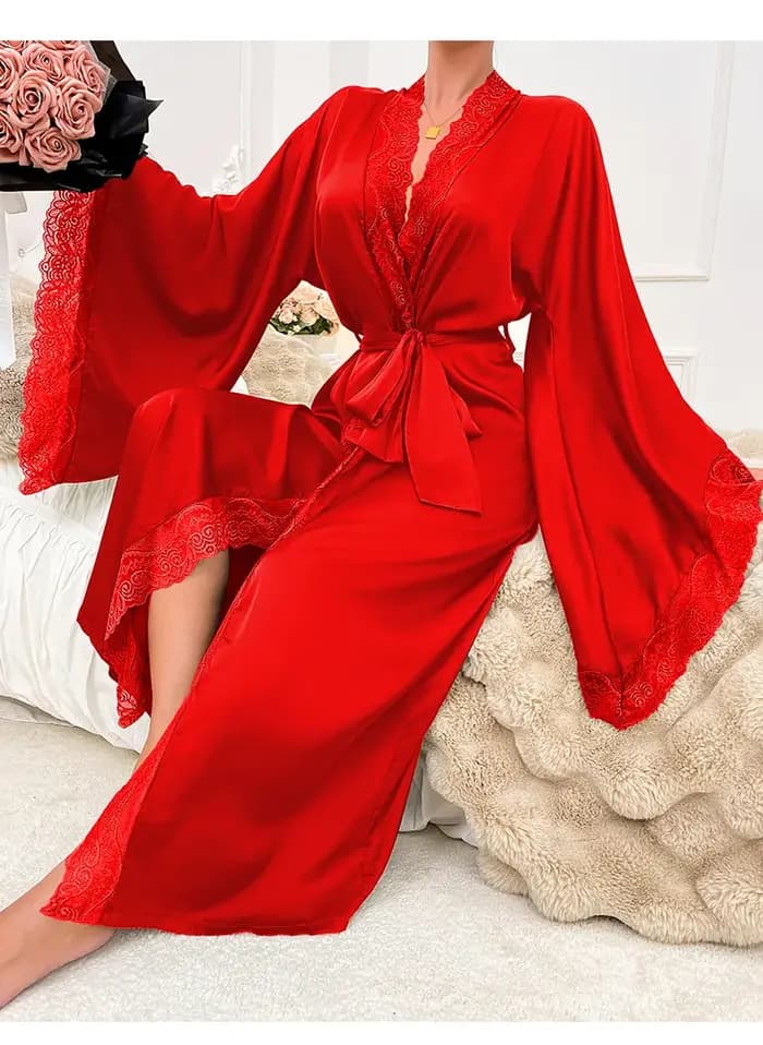 Nouveau Satin Long pyjamas pour femmes dentelle luxueux manches longues sensation de fraîcheur Robe peignoir vêtements de nuit