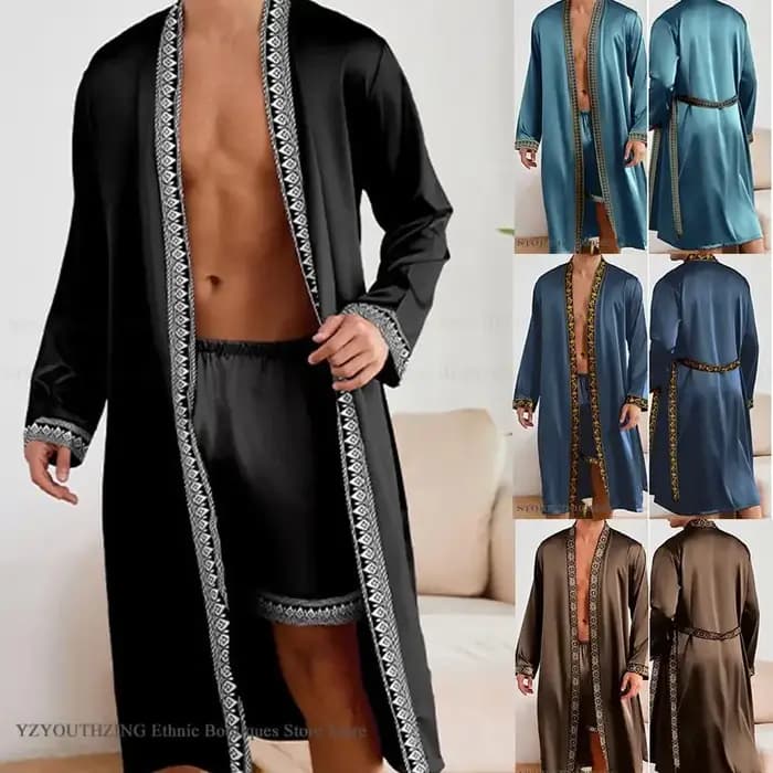 Printemps été hommes Robe longue ensemble short et haut Pyjamas soyeux Satin Kimono peignoir