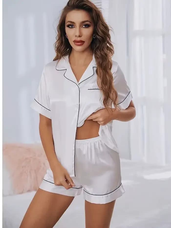 Ensemble pyjama d'été en Satin de soie pour femmes, vêtements de nuit boutonnés, manches courtes, ha