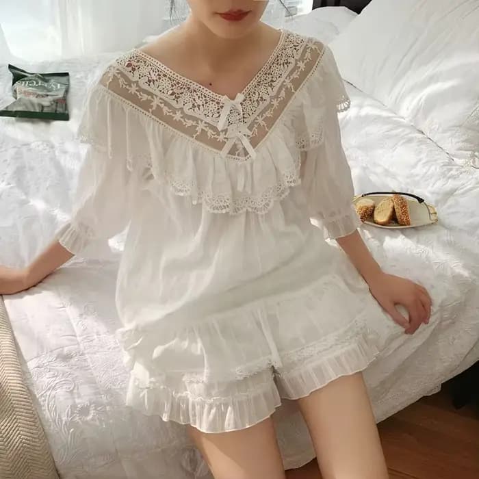 Ensembles de pyjama à col en V princesse Lolita pour femmes, dentelle à volants, pantalon long en Y,