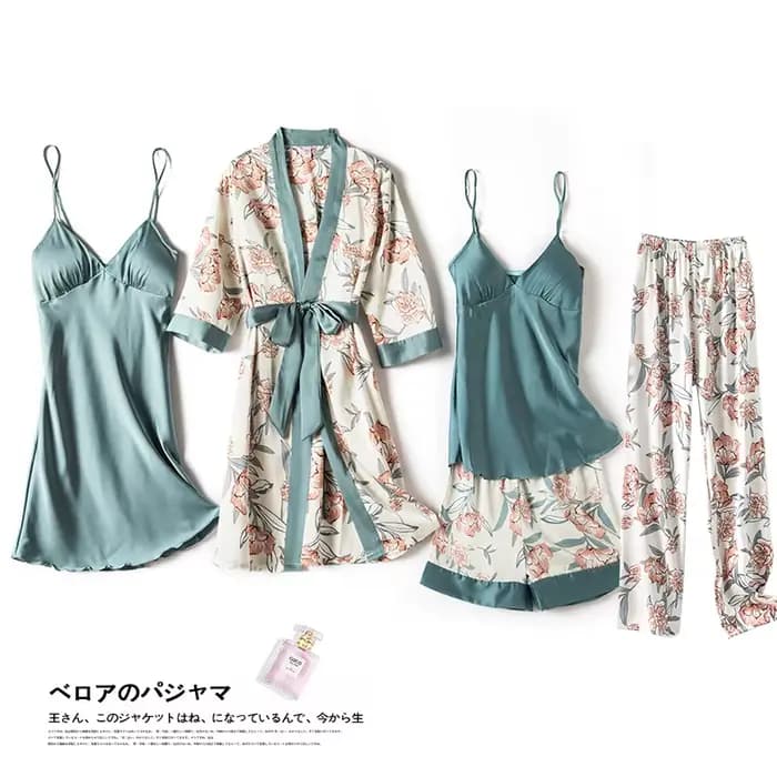 Ensemble pyjama 5 pièces en Satin soyeux pour femmes