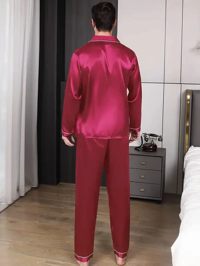 Ensemble pyjama en Satin pour hommes, haut à revers à manches courtes et pantalon élastique, Texture lisse et brillante, confortable et décontracté pour vêtements de détente
