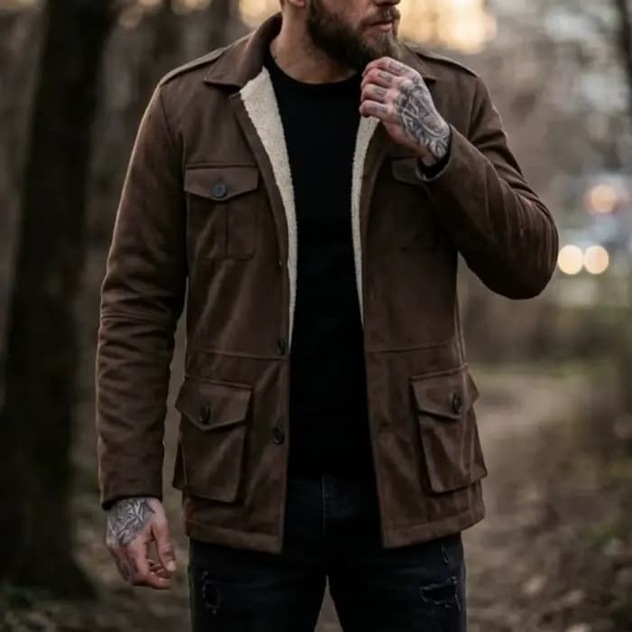 Veste de travail d'hiver pour hommes, en faux daim, poches multi-usages, veste de randonnée décontractée pour l'extérieur, veste en fausse laine pour hommes, hiver