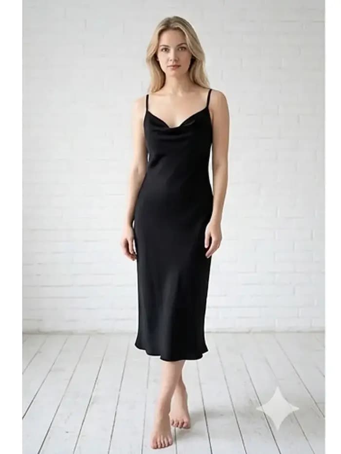 Robe de nuit longue noire en satin à col bénitier