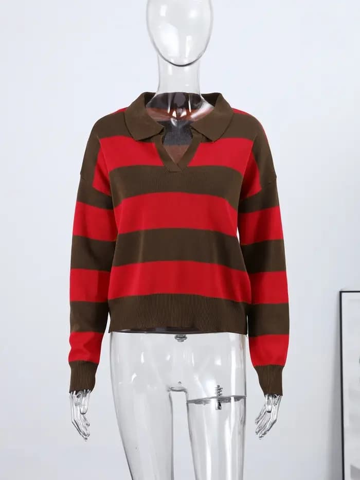 Tricoté côtelé col Polo pull femmes décontracté revers à manches longues coupe ample automne hiver tout-match hauts Chic dame vêtements d'extérieur