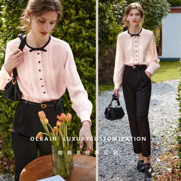 Chemisier en Chiffon OLrain pour Femme 2026 Rose Épissé Col Rond Nœud Bouton Blouse de Bureau Manches Longues Élégante M56QC52985