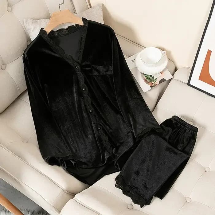 Nouveau velours vêtements de nuit femmes dentelle douce à manches longues deux pièces ensemble peut être porté à