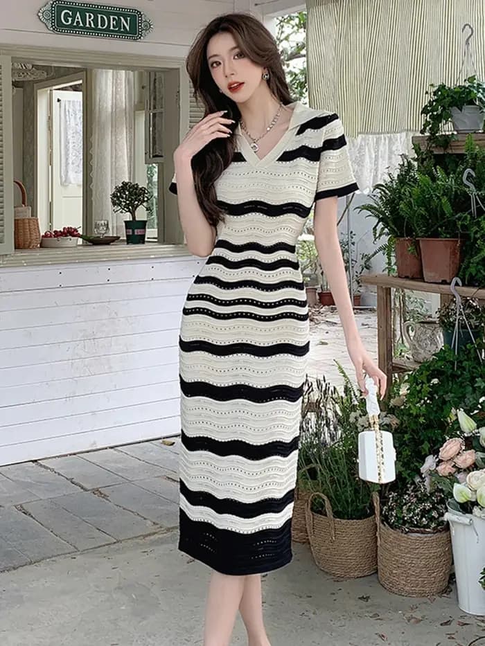 Robe Longue d'Été Rétro à Rayures Ajourées pour Femme, Tenue Mi-longue à Manches Courtes, Vêtements