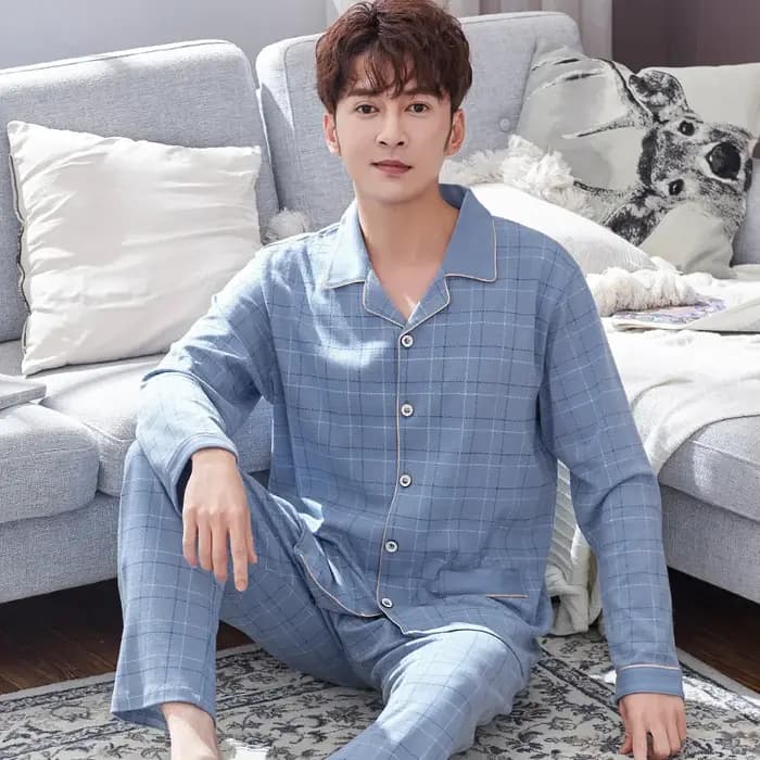 Hiver 100% coton Pyjamas hommes bleu vêtements de nuit chaud Pyjama Homme