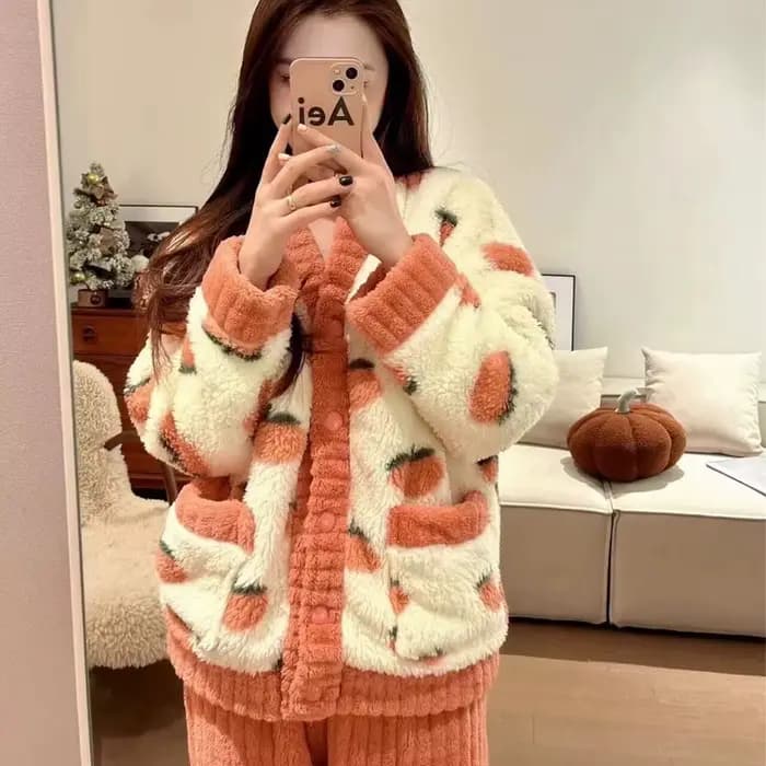 Pyjama épais en flanelle et velours corail fraise