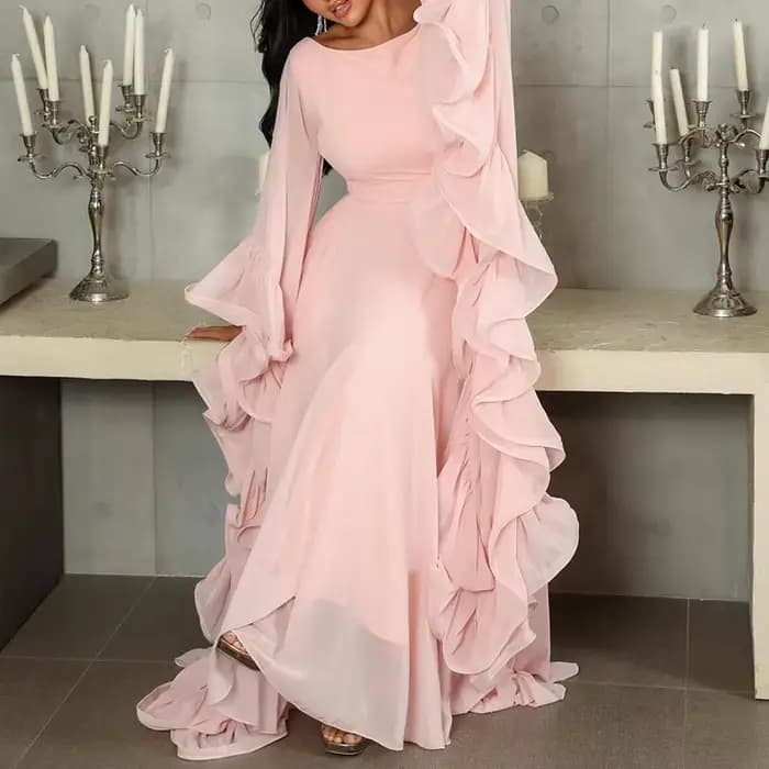Nouvelle Robe Longue Évasée à Manches Volantes Printemps 2026 – Design Élégant à Volants