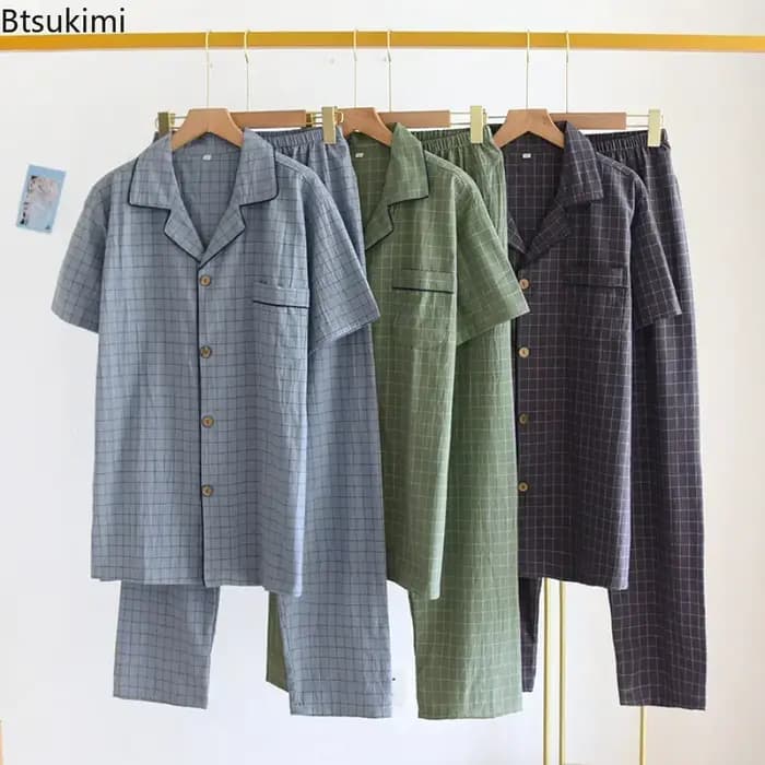 Pyjama Homme Printemps-Été 2026 – Ensemble Haut Manches Courtes et Pantalon en Coton Lavé à Carreaux Simples – Tenue d'Intérieur