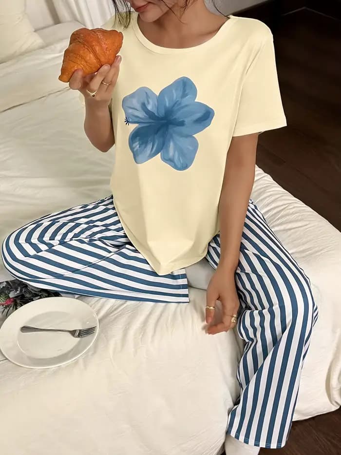 Ensemble de pyjamas pour femmes printemps/été en 2 pièces, confortable et élégant, pyjama à imprimé