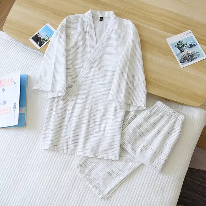 Pyjama Kimono Homme Manches Longues Pantalon Japonais Nouvelle Collection Été Ample Simple Coton Rayé Ensemble de Nuit Respirant