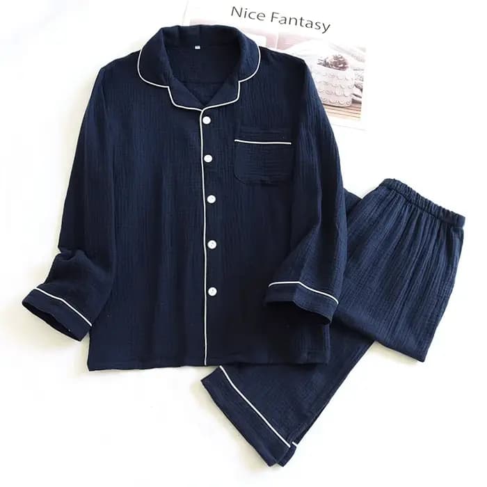 Ensemble de pyjama pour homme en gaze double couche 100% coton. Vêtements de détente classiques à manches longues