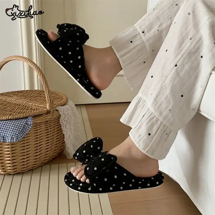 XIXITIAO Chaussons d'intérieur pour femmes, mode décontractée, en coton, avec nœud, à pois, chaussures plates confortables, sandales à bride unique