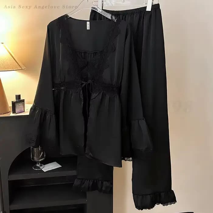 Ensemble de pyjama sexy en dentelle pour femme, cardigan à manches longues, caraco et surintendant, vêtements de nuit, vêtements de nuit décontractés, vêtements pour la maison, printemps, été, nouveau