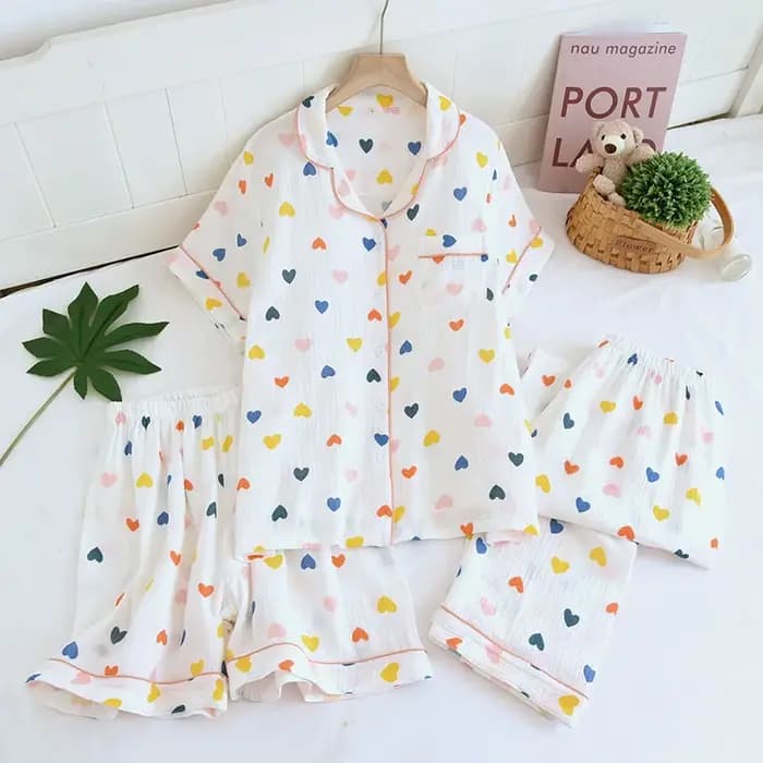 Été femmes pyjamas 3 pièces ensemble 100% gaze coton vêtements de nuit féminins chambre ensemble à m