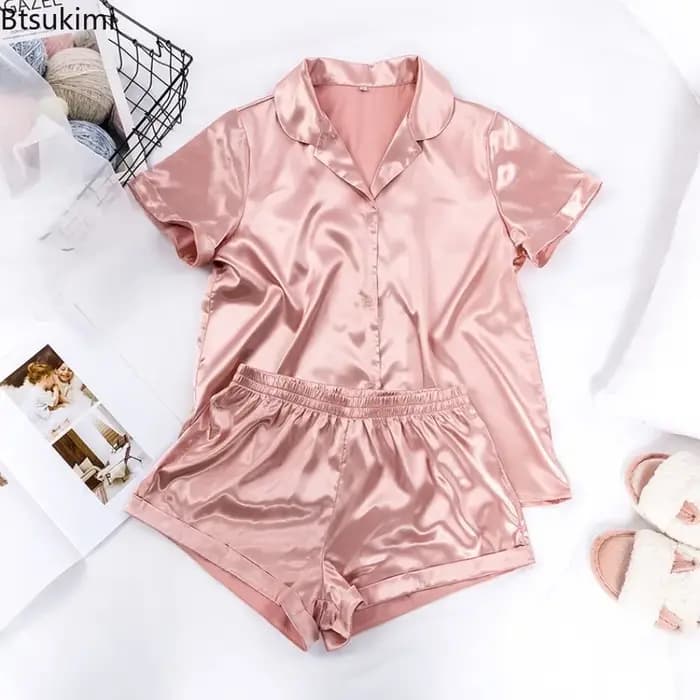 Pyjama en satin de couleur unie avec short, ensemble de vêtements de nuit en soie pour femmes, pyjama décontracté à manches courtes, ensembles de pyjama pour femmes, vêtements de maison d'été