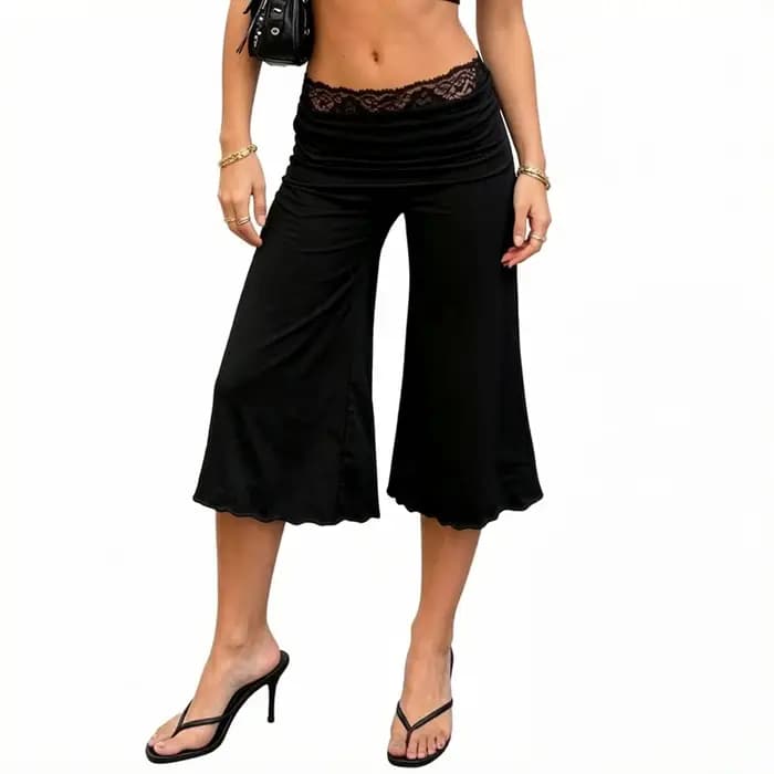 Pantalon Capri Évasé Femme Vintage avec Dentelle, Taille Rabattable, Style Y2K, Coupe Courte, Élégan