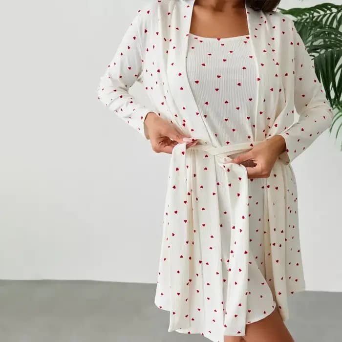 Ensemble pyjama deux pièces imprimé à pois, Mini robes, Cardigan, manches longues, à lacets, décontr