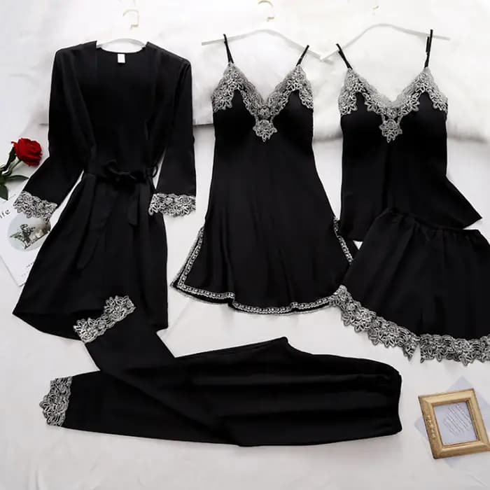 5 pièces femmes pyjama ensembles quatre saisons dentelle brodé soyeux vêtements de nuit pyjamas Homewear Satin chemise de nuit Robe vêtements de détente