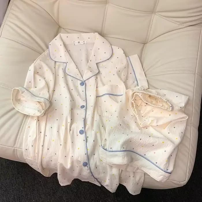 Ensemble pyjama en coton imprimé à pois pour femmes, haut à manches courtes et short, 2 pièces, déco