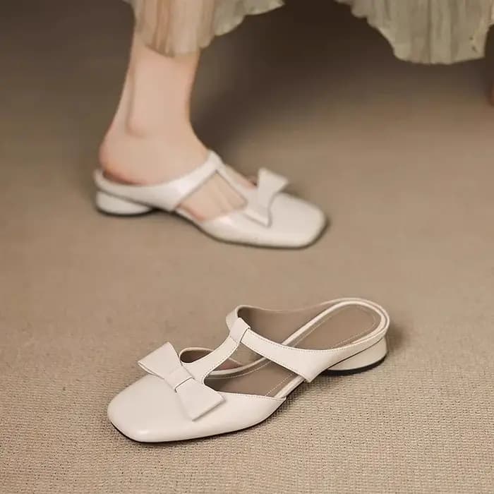 Baotou demi pantoufles femmes été nouveau bout carré bouche peu profonde nœud talon bas bloc talon s