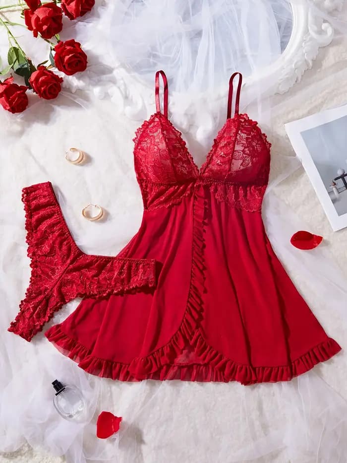 Ensemble de Lingerie Sexy en dentelle pour femmes, chemise de nuit rouge avec culotte assortie, Cami