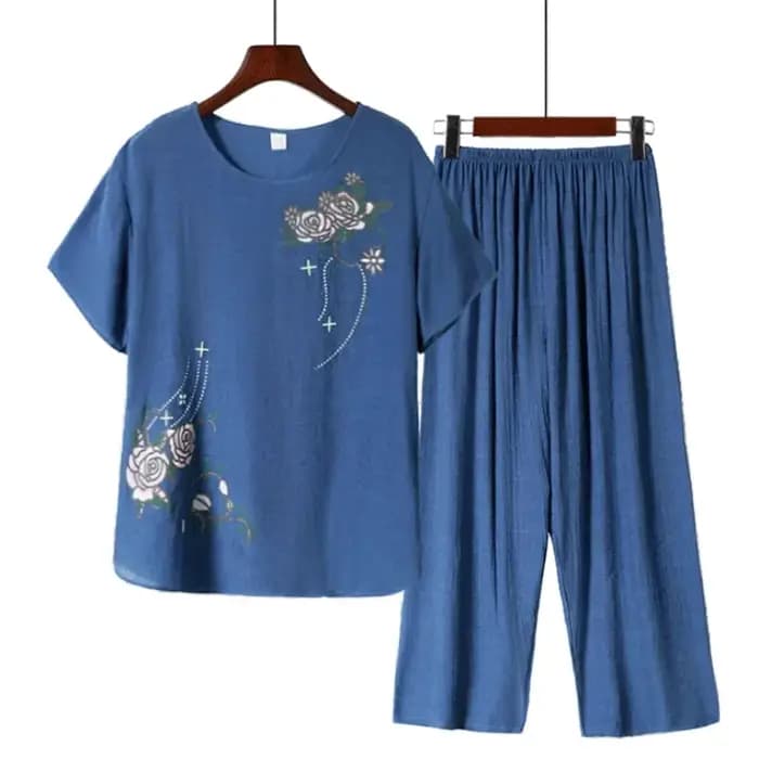 Ensemble de pyjama en lin et coton à imprimé floral pour femmes âgées, manches courtes, ample, grande taille, tenue d'été pour maman, tenue à domicile en deux pièces