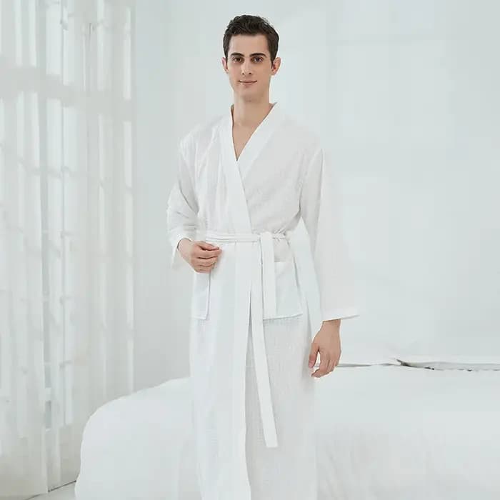 Gaufre femmes peignoir automne hiver solide col en V dames robe de chambre coton poches à manches longues Kimono avec ceintures pour femme