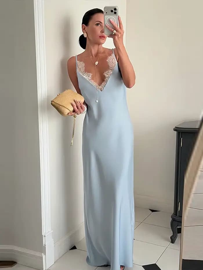 Robe longue sexy en dentelle patchwork pour femme