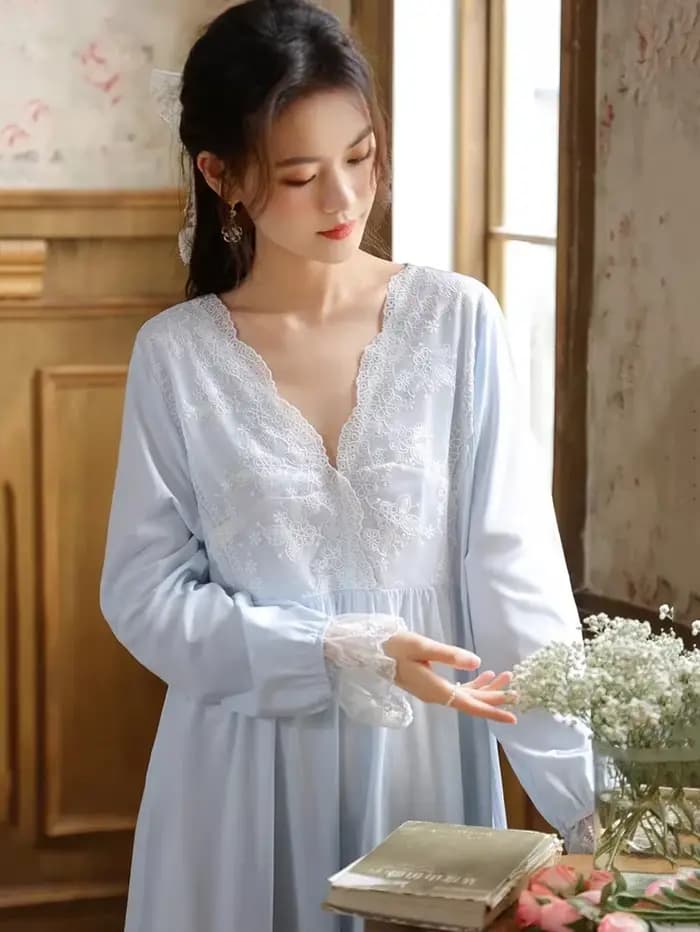 Femmes coton volants dentelle col en v Vintage chemises de nuit Robe nuisette à manches longues