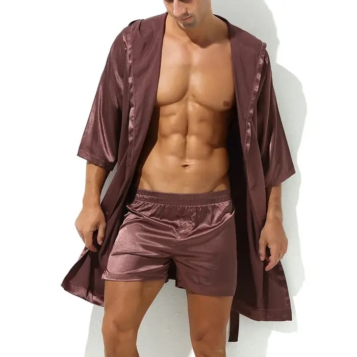 Peignoir à capuche en satin pour hommes, ensemble de shorts, pyjama, robe de nuit, chemise de nuit, kimono, vêtements de nuit, robe de maison