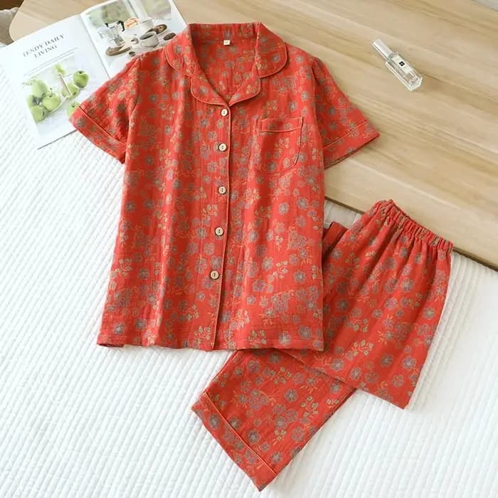 Summer Pijama Cotton Pajamas Set Middle Aged Mother Women 2 Piece Set Outfit Jacquard Home Wear Trousers Short Sleeve Sleepwear