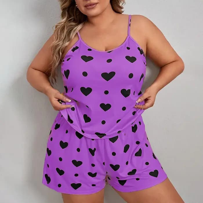 Plus Size Women Pajama Set Sleeveless O Neck Top & Elastic Waist Shorts Heart Print 2 Pieces Female Sleepwear Nightwear