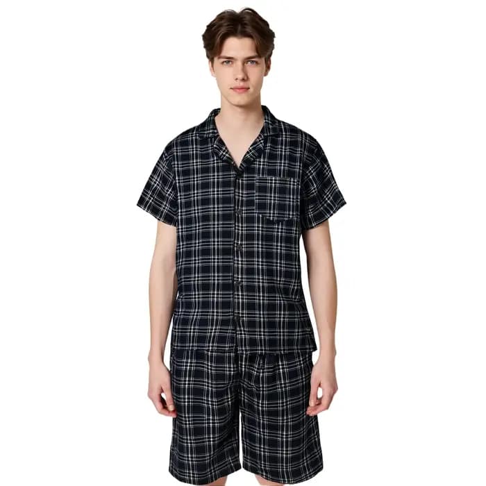 Ensemble de pyjama pour homme pour l'été, chemises à manches courtes boutonnées, shorts, ensemble de pyjama à carreaux, ensemble de détente doux, vêtements de nuit, tailles M-XL