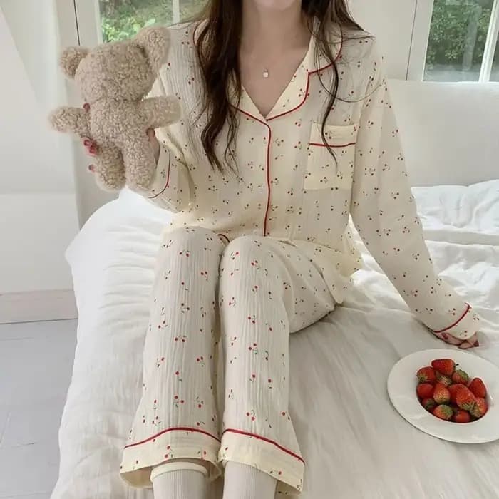 Mignon à volants cerise pyjamas femmes revers ample deux pièces vêtements de nuit chemise