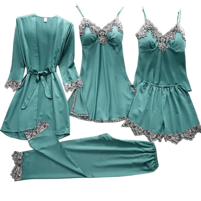 5 pièces femmes pyjama ensembles quatre saisons dentelle brodé soyeux vêtements de nuit pyjamas Homewear Satin chemise de nuit Robe vêtements de détente