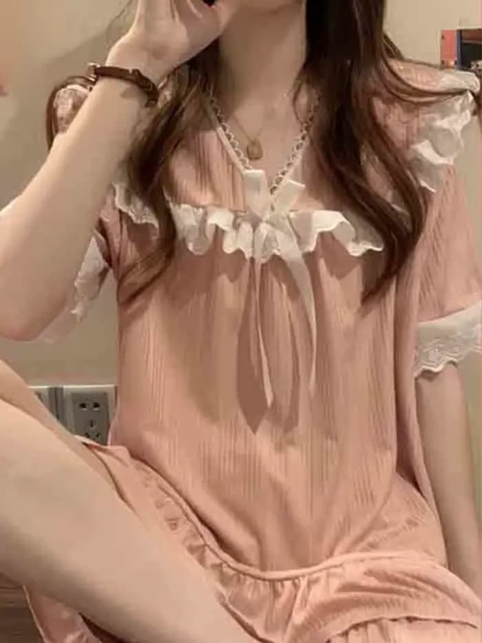 Pyjama ensembles femmes dentelle doux nœud princesse ample maison 5 couleurs mode tendre décontracté été Style japonais Vintage vêtements de nuit Chic