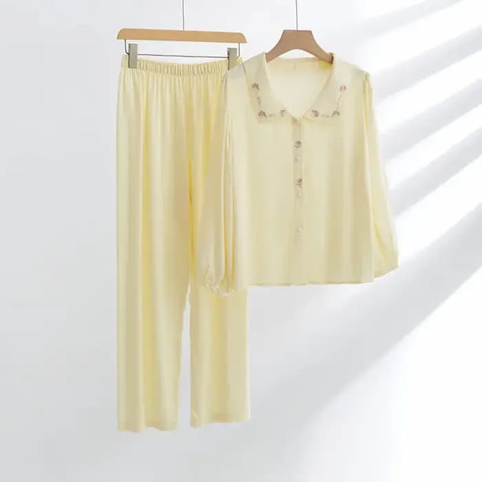 Pyjama Deux Pièces Brodé en Rayonne pour Femme, Manches sulf, Doux, 100% Viscose, Pantalon Long, Vêtements de Nuit, Printemps