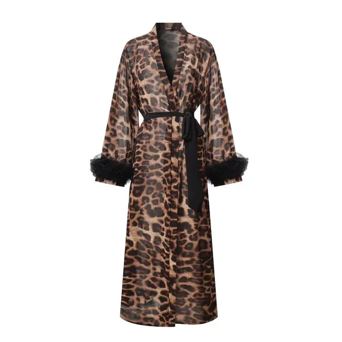 Robe de chambre à manches longues imprimé léopard en fil perlé