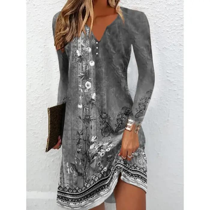 Robe tunique à imprimé floral à manches longues et col en V avec détail boutonné