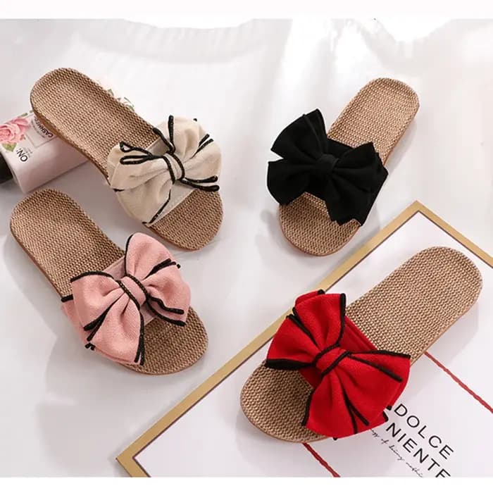 Mntrerm 2024 nouvelles espadrilles décontractées pour la maison pantoufles été nœud-noeud doux sol femme chaussures plates d'intérieur mignon lin pantoufle Terlik