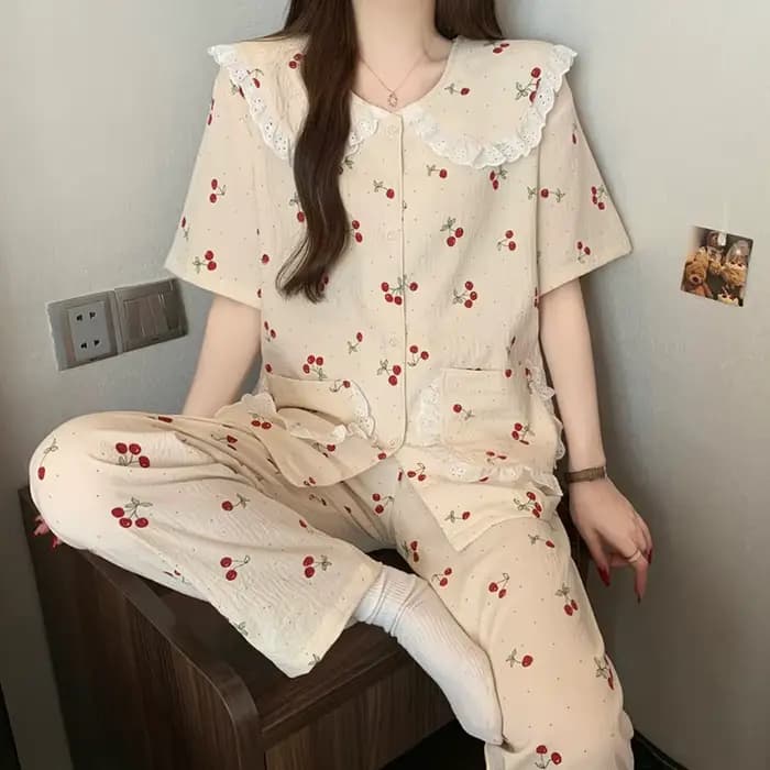 Ensemble de pyjama 2 pièces pour femmes à imprimé cerise pour l'été, vêtements de détente décontract