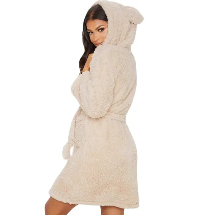 Hiver chaud Robes décontractées femme oreille à capuche peignoir en peluche Robe col en V à manches longues châle Kimono chaud Robes de bain manteau