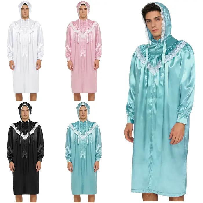 Pyjama vintage pour homme, style victorien, chemise de nuit avec chapeau, dentelle à volants, manches longues, fermeture éclair sur le devant, robe de nuit satinée